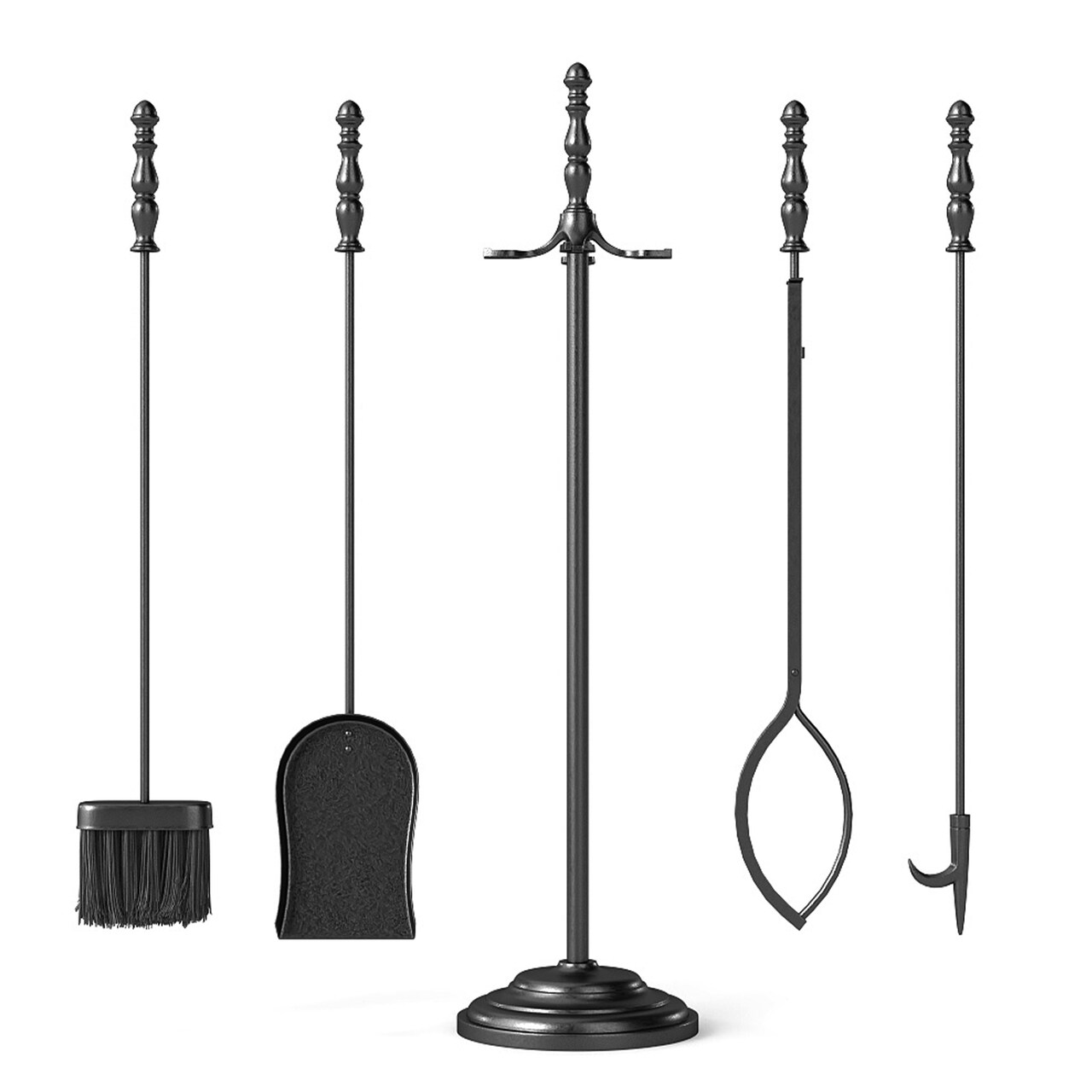 5-Piece Fireplace Tool Set with Poker, Tongs, Brush, Shovel & Round Stand